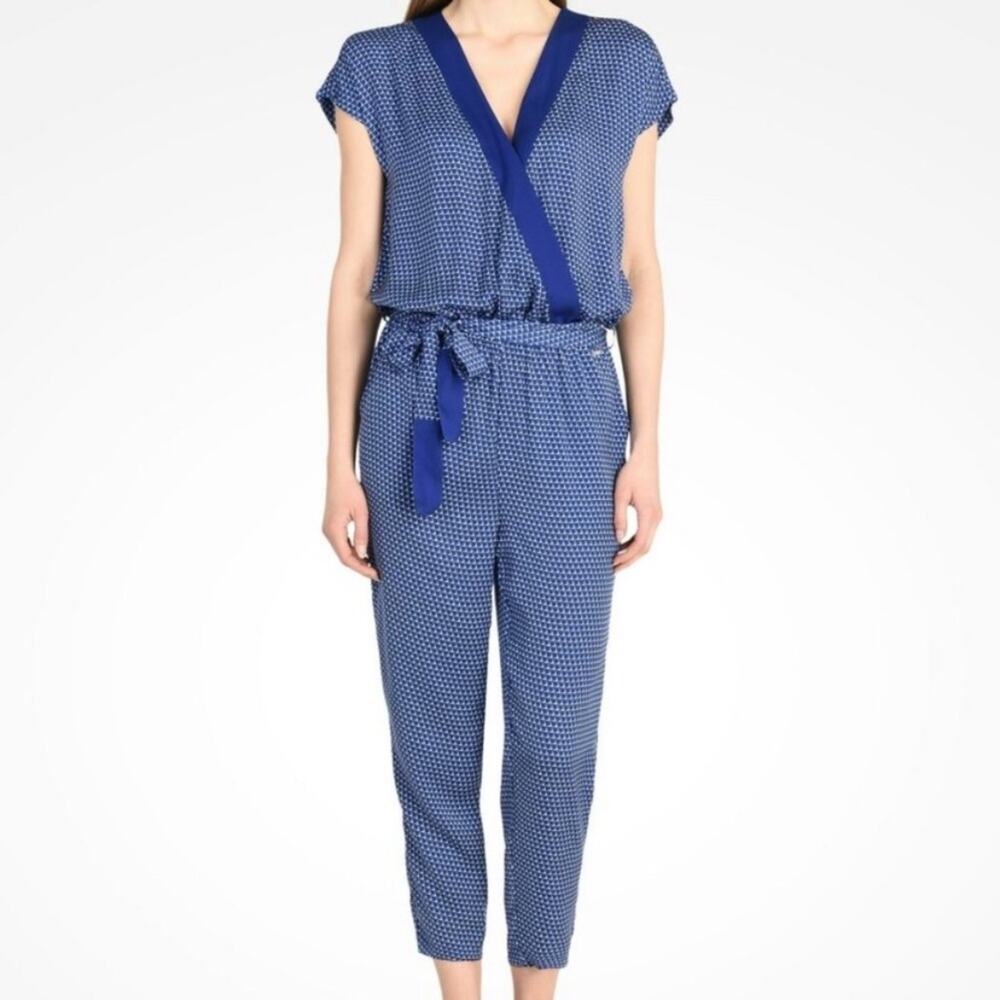 Armani Exchange Jumpsuit Blue Geometric Printed V Neck Short Sleeve Cap Size 0